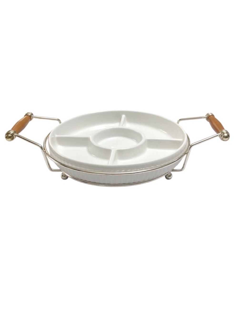 Round Sectioned Serving Dish with Chrome Metal Caddy Made in England